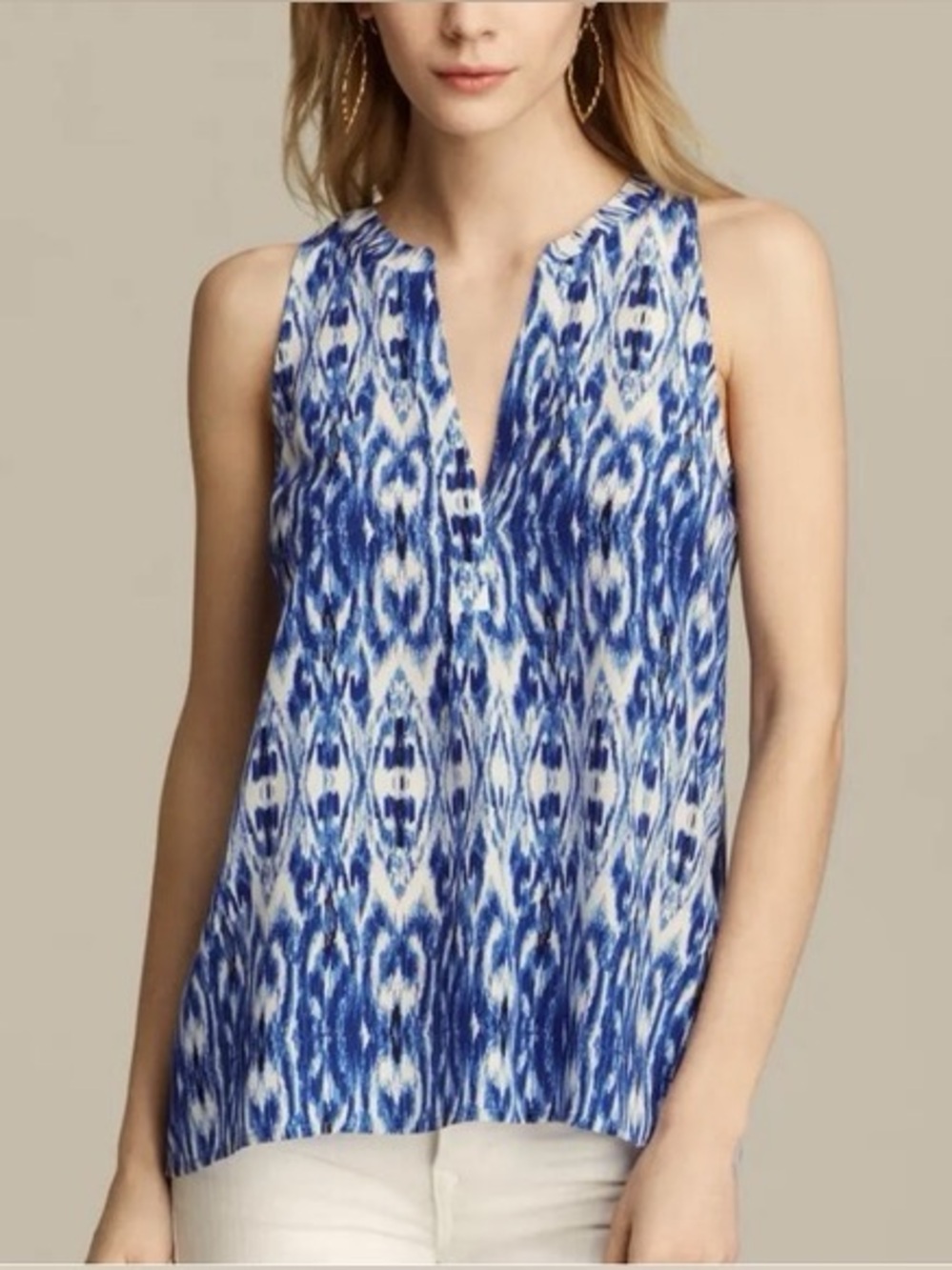 Joie Silk Aruna Ikat Stripe Tank in Deep Blue Lapis Sleeveless Split-Neck Top